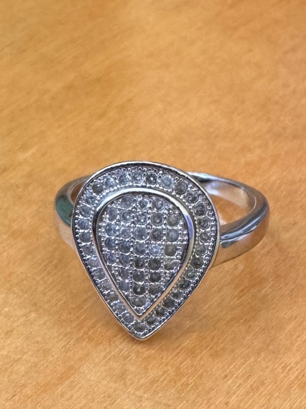 Teardrop Diamond Pave Sterling Silver Shield Ring - Size 6.5